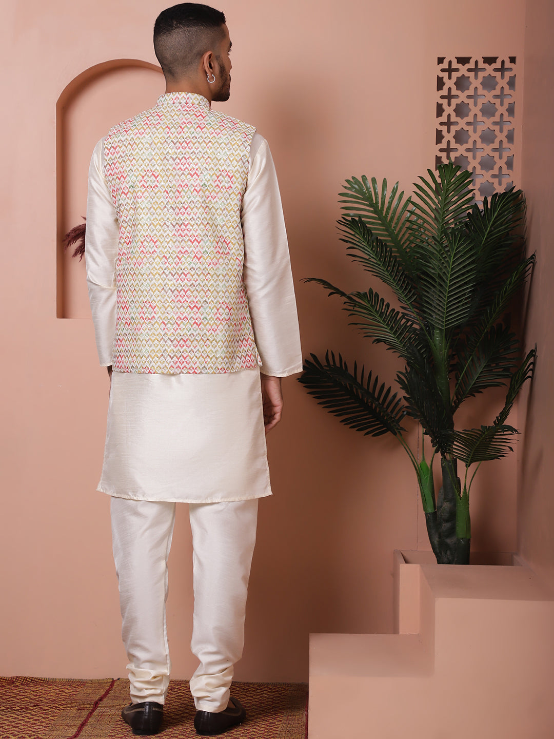 Sequins And Printed Nehru Jacket With Solid Kurta Pyjama.