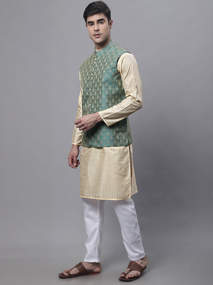 Men'S Beige Embroidered Kurta Pyjama With Green Woven Design Nehru Jacket