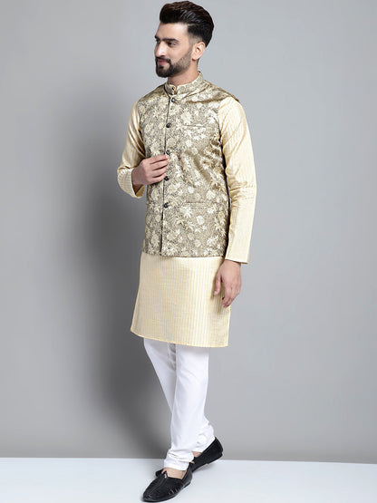 Men'S Beige Embroidered Kurta Pyjama With Woven Design Nehru Jacket