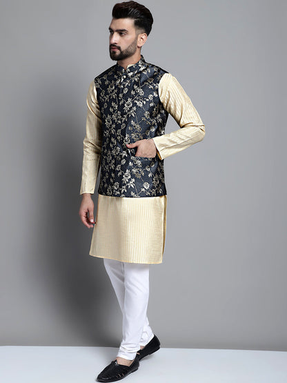 Men'S Beige Embroidered Kurta Pyjama With Woven Design Nehru Jacket