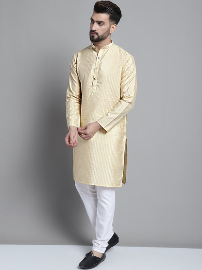Men'S Beige Embroidered Kurta Pyjama With Woven Design Nehru Jacket