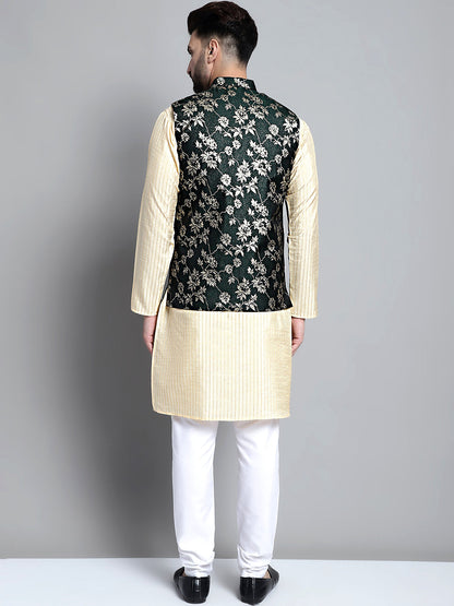 Men'S Beige Embroidered Kurta Pyjama With Woven Design Nehru Jacket