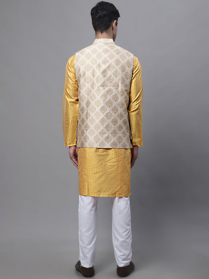 Men'S Mustard Embroidered Kurta Pyjama With Floral Printed Nehru Jacket