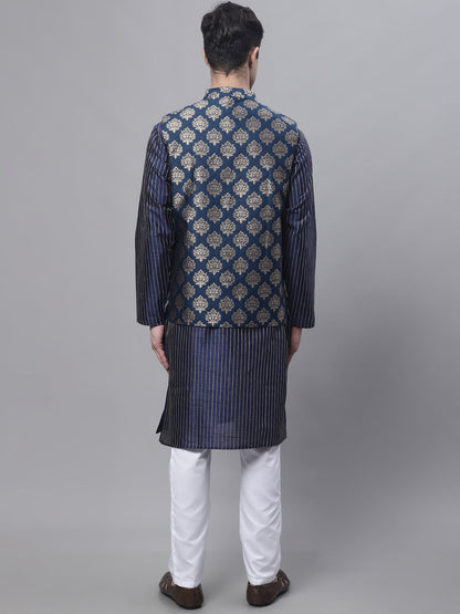 Men'S Navy Blue Embroidered Kurta Pyjama With Floral Printed Nehru Jacket