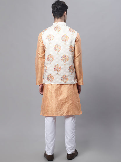 Men'S Peach Embroidered Kurta Pyjama With White Printed Nehru Jacket