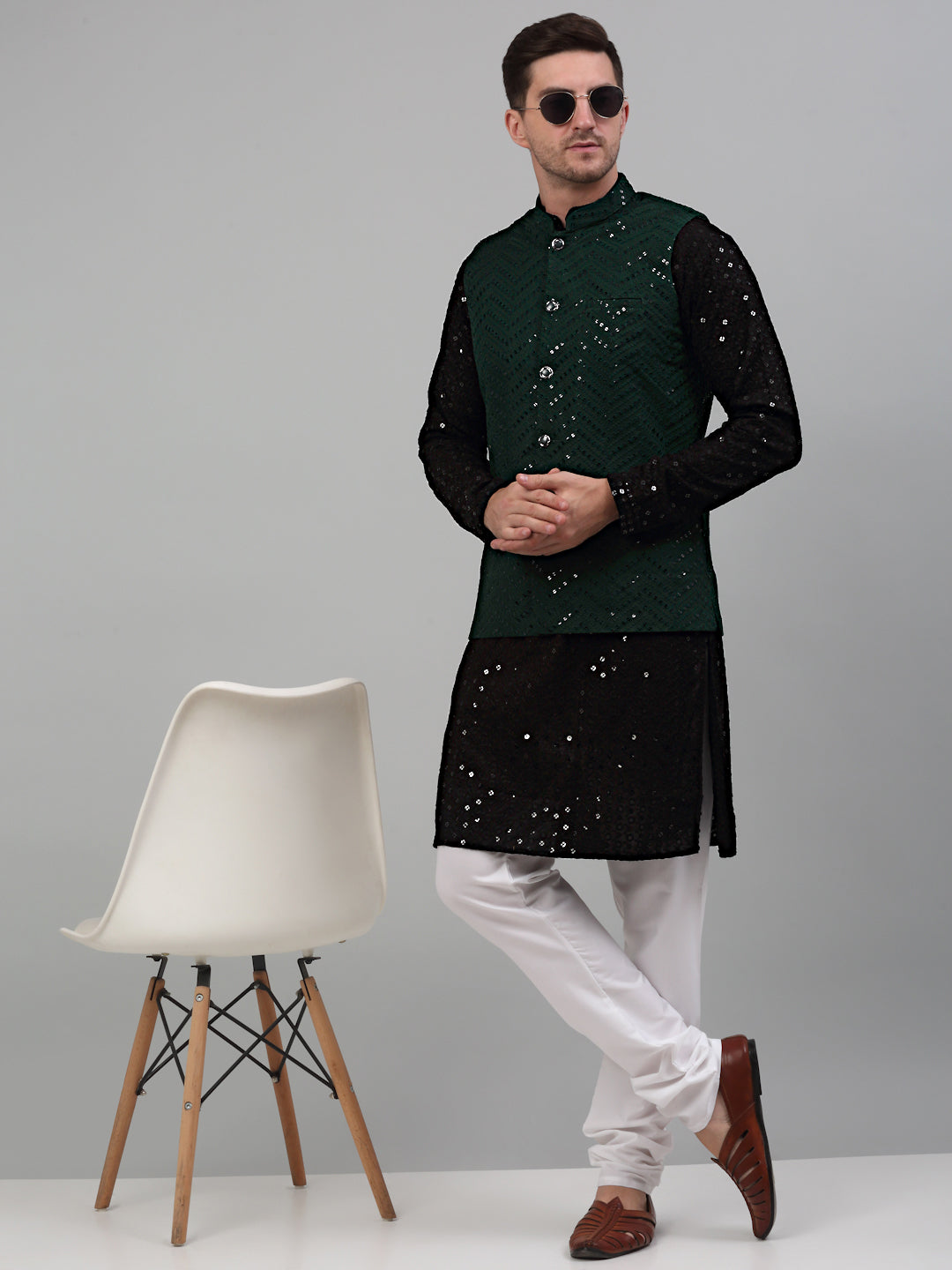 Sequin And Embroidered Nehru Jacket With Kurta Pyjama