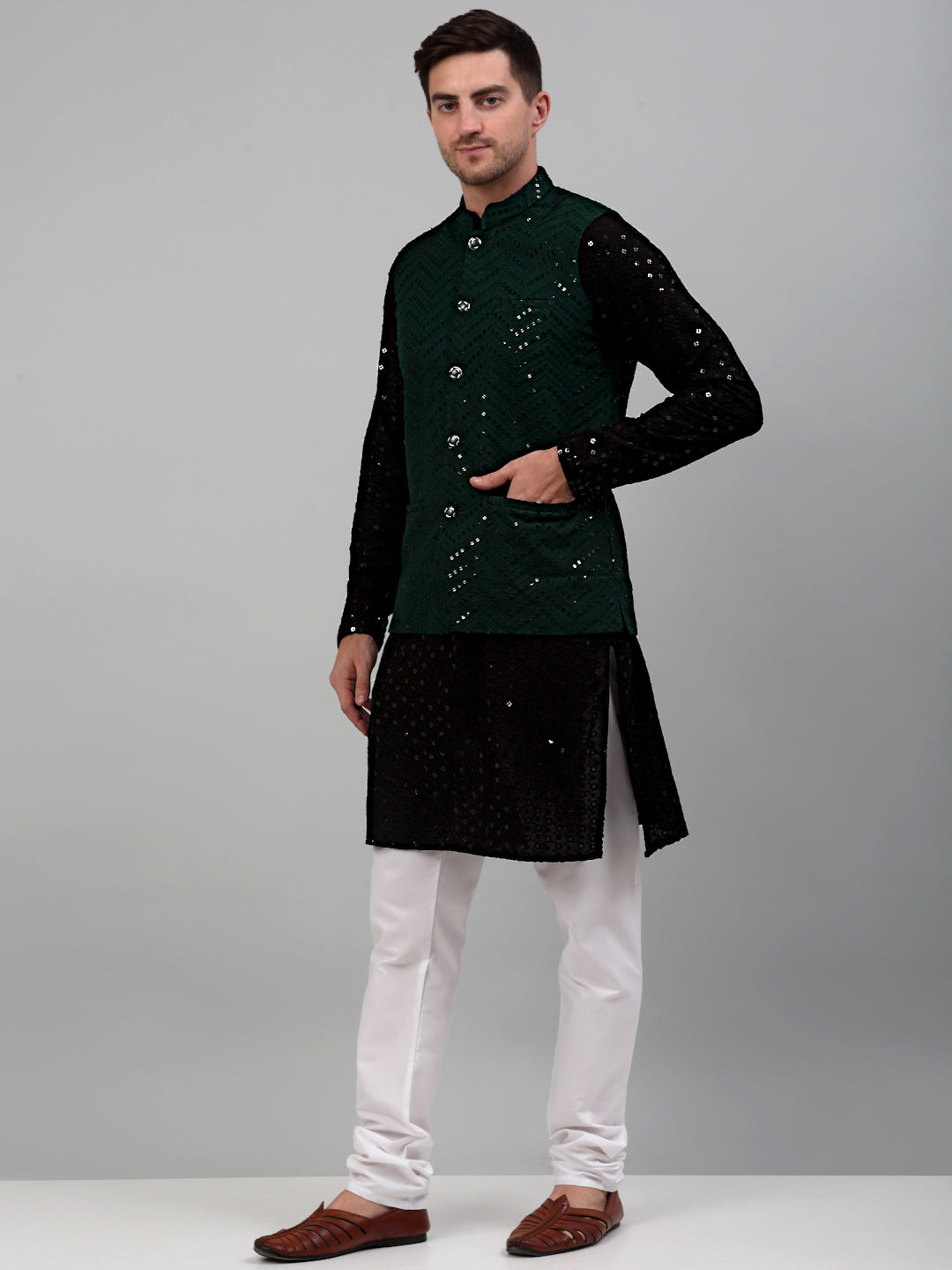 Sequin And Embroidered Nehru Jacket With Kurta Pyjama