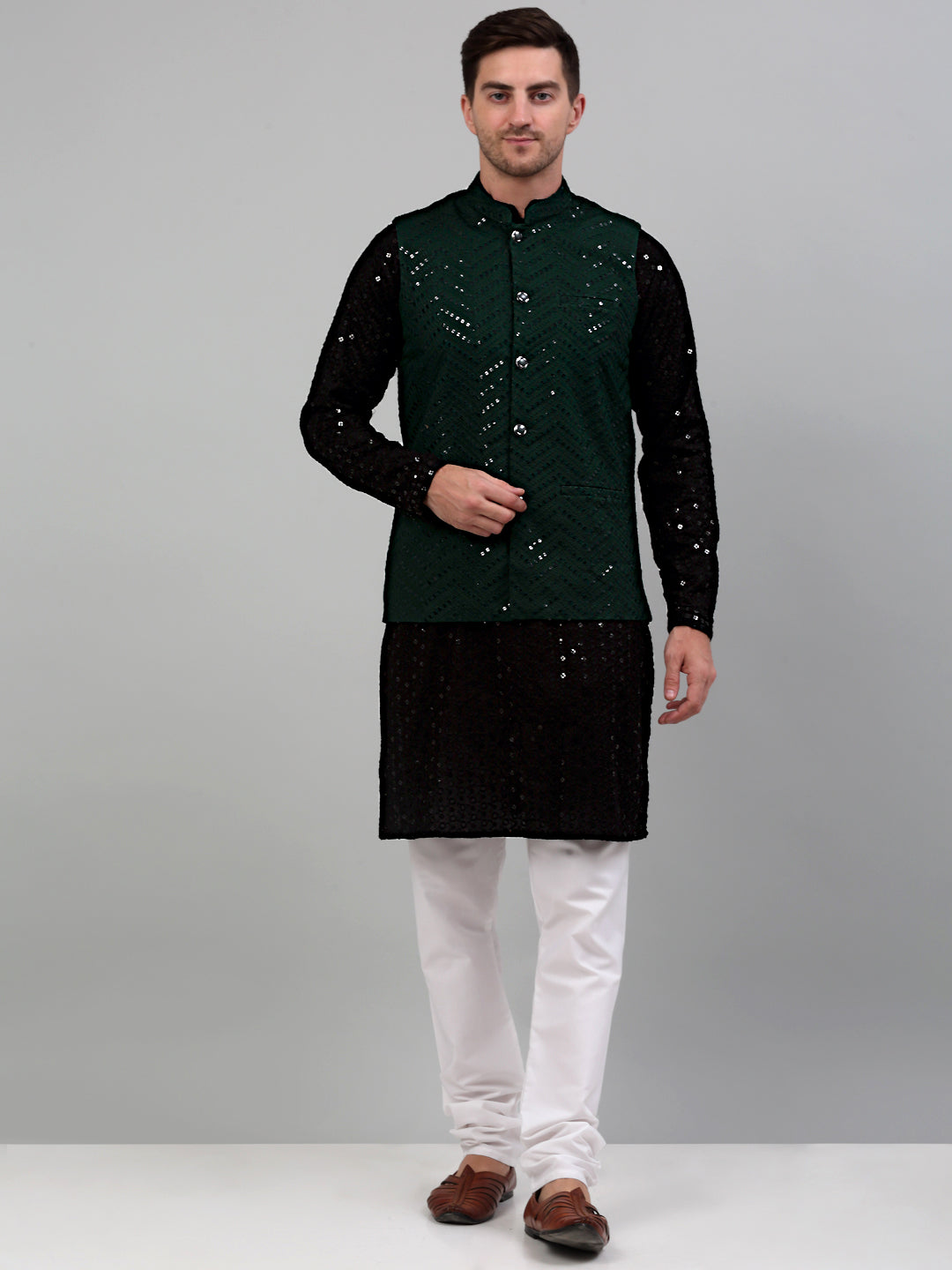 Sequin And Embroidered Nehru Jacket With Kurta Pyjama
