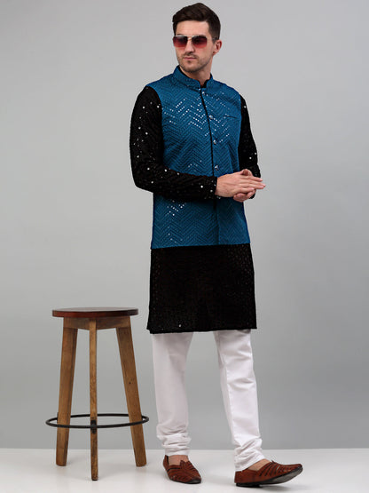 Sequin And Embroidered Nehru Jacket With Kurta Pyjama