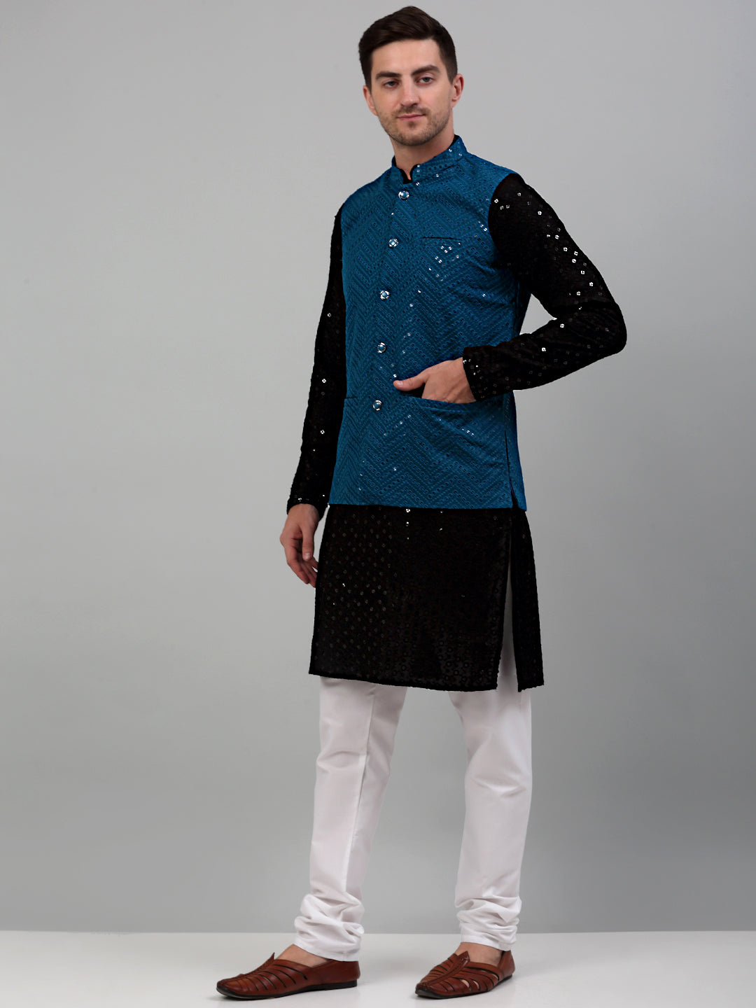 Sequin And Embroidered Nehru Jacket With Kurta Pyjama