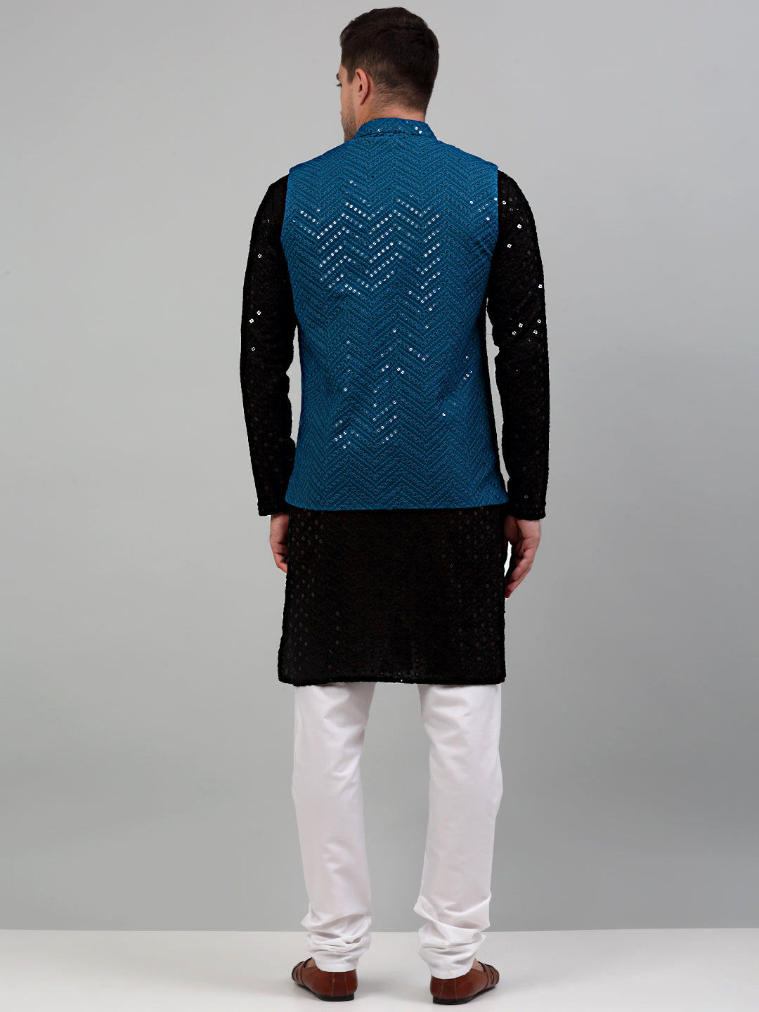 Sequin And Embroidered Nehru Jacket With Kurta Pyjama
