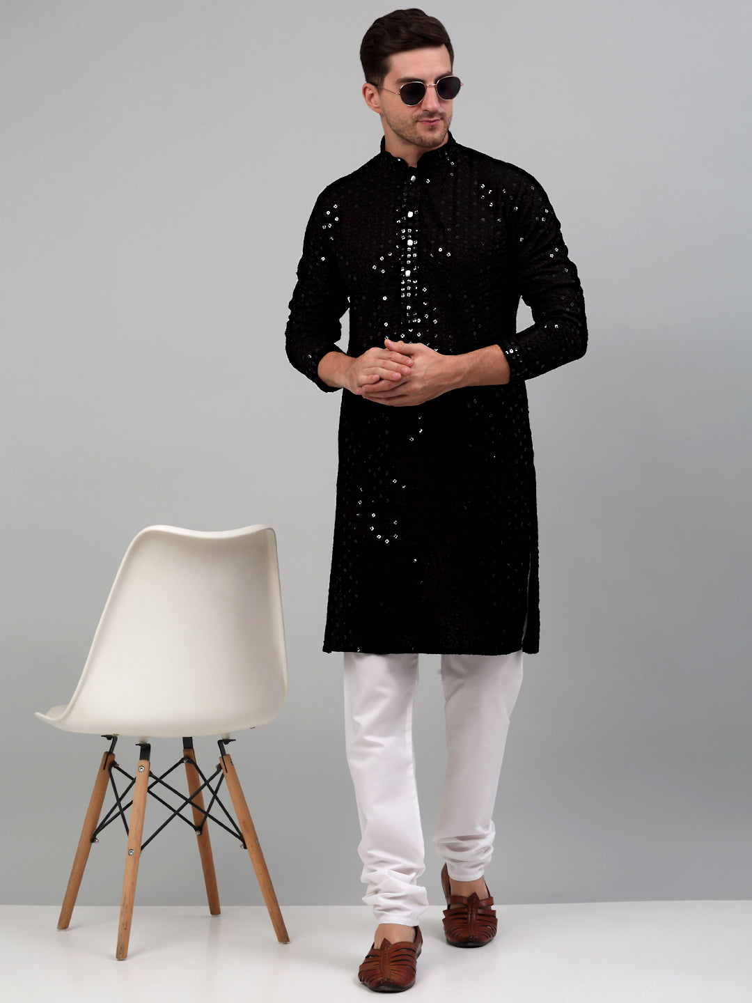Sequin And Embroidered Nehru Jacket With Kurta Pyjama
