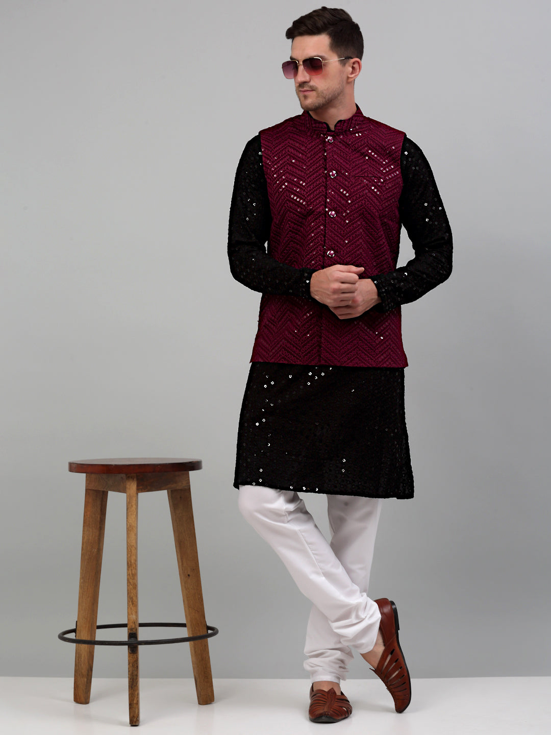 Sequin And Embroidered Nehru Jacket With Kurta Pyjama