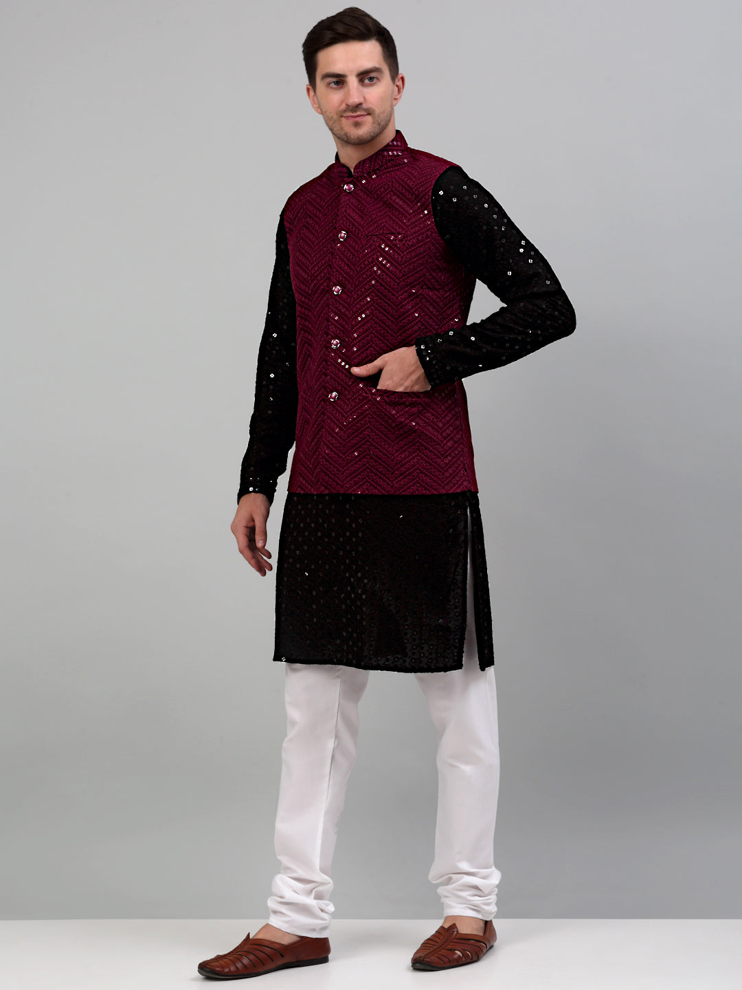 Sequin And Embroidered Nehru Jacket With Kurta Pyjama