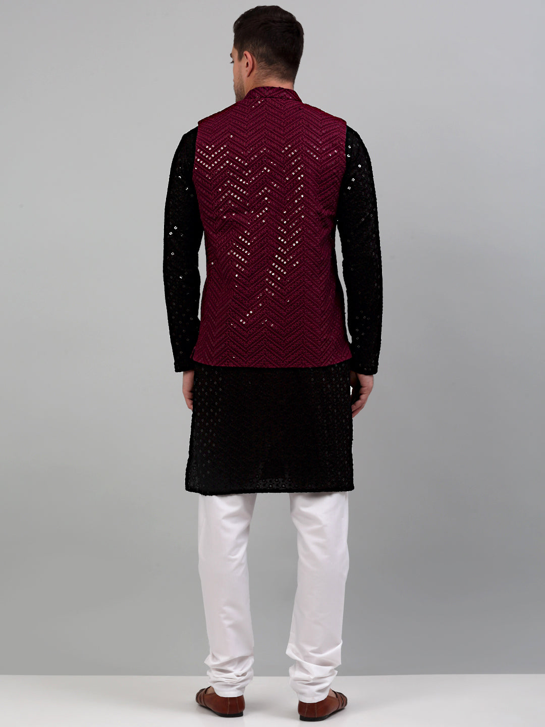 Sequin And Embroidered Nehru Jacket With Kurta Pyjama