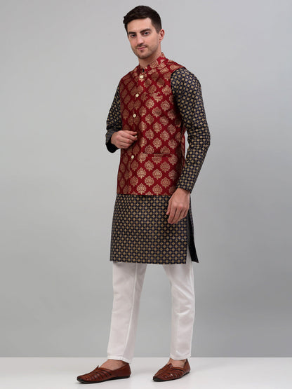 Men'S Printed Nehru Jacket With Kurta Pyjama Set