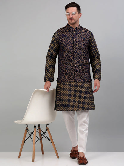 Men'S Woven Design Nehru Jacket With Printed Kurta Pyjama Set