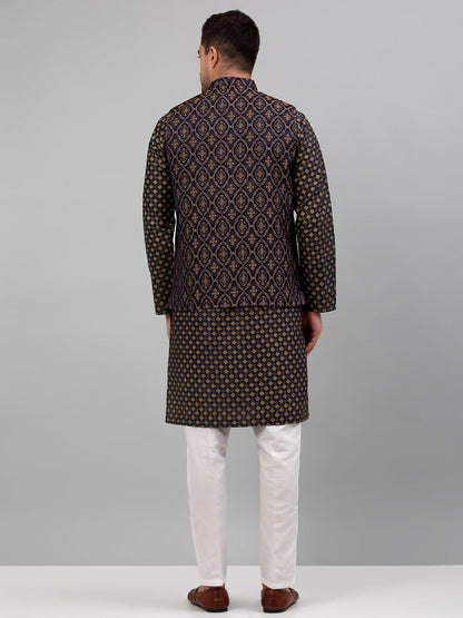 Men'S Woven Design Nehru Jacket With Printed Kurta Pyjama Set
