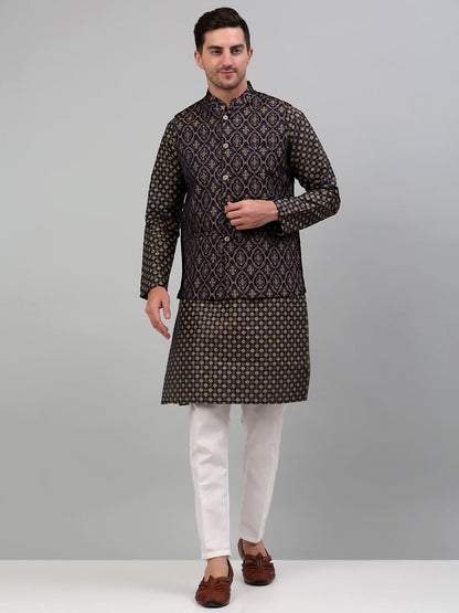Men'S Woven Design Nehru Jacket With Printed Kurta Pyjama Set
