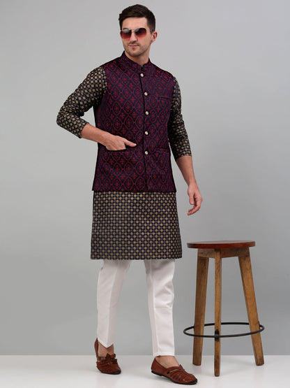 Men'S Woven Design Nehru Jacket With Printed Kurta Pyjama Set