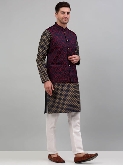 Men'S Woven Design Nehru Jacket With Printed Kurta Pyjama Set