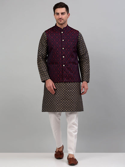 Men'S Woven Design Nehru Jacket With Printed Kurta Pyjama Set