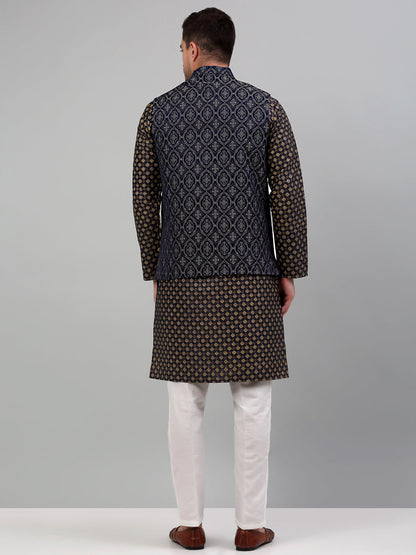 Men'S Woven Design Nehru Jacket With Printed Kurta Pyjama Set