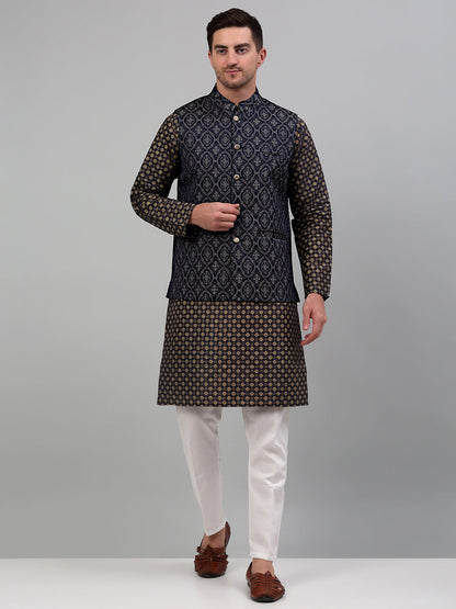 Men'S Woven Design Nehru Jacket With Printed Kurta Pyjama Set