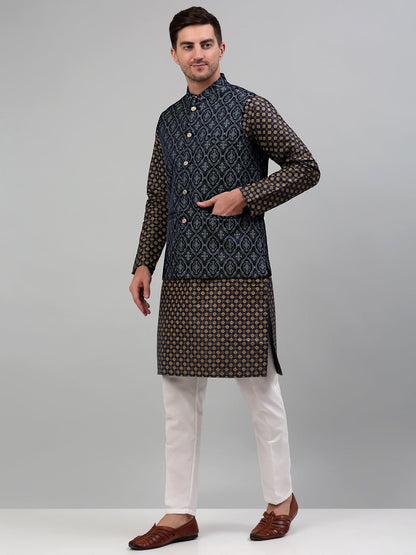 Men'S Woven Design Nehru Jacket With Printed Kurta Pyjama Set