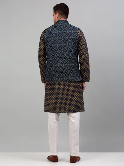 Men'S Woven Design Nehru Jacket With Printed Kurta Pyjama Set