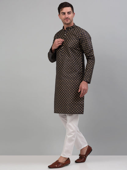 Men'S Woven Design Nehru Jacket With Printed Kurta Pyjama Set