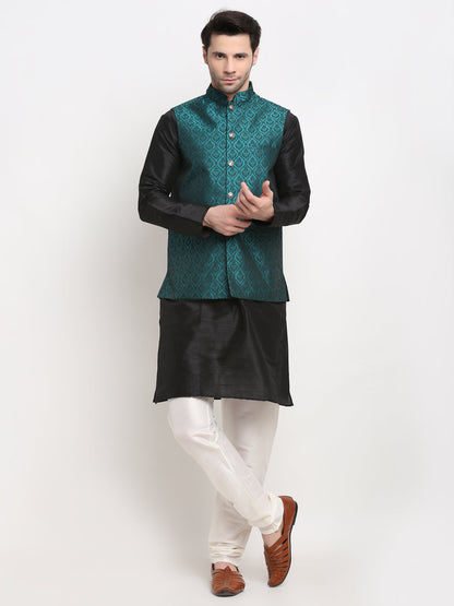 Men'S Woven Design Nehru Jacket And Kurta Pyjama Set
