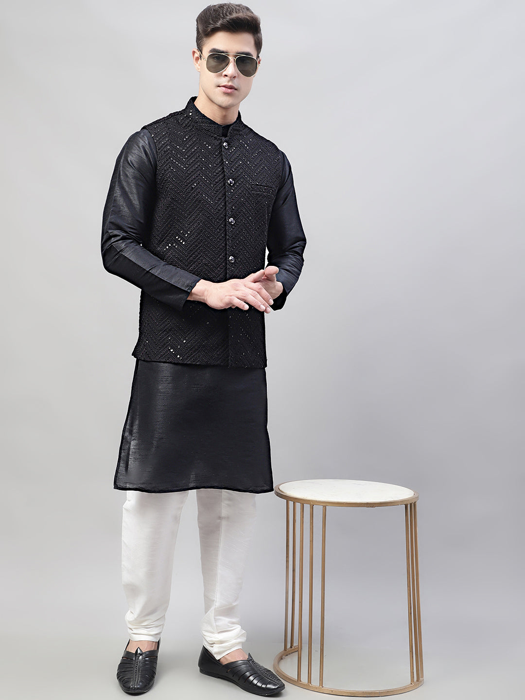 Men Black Solid Kurta Pyjama With  Black Embroidered Nehru Jacket