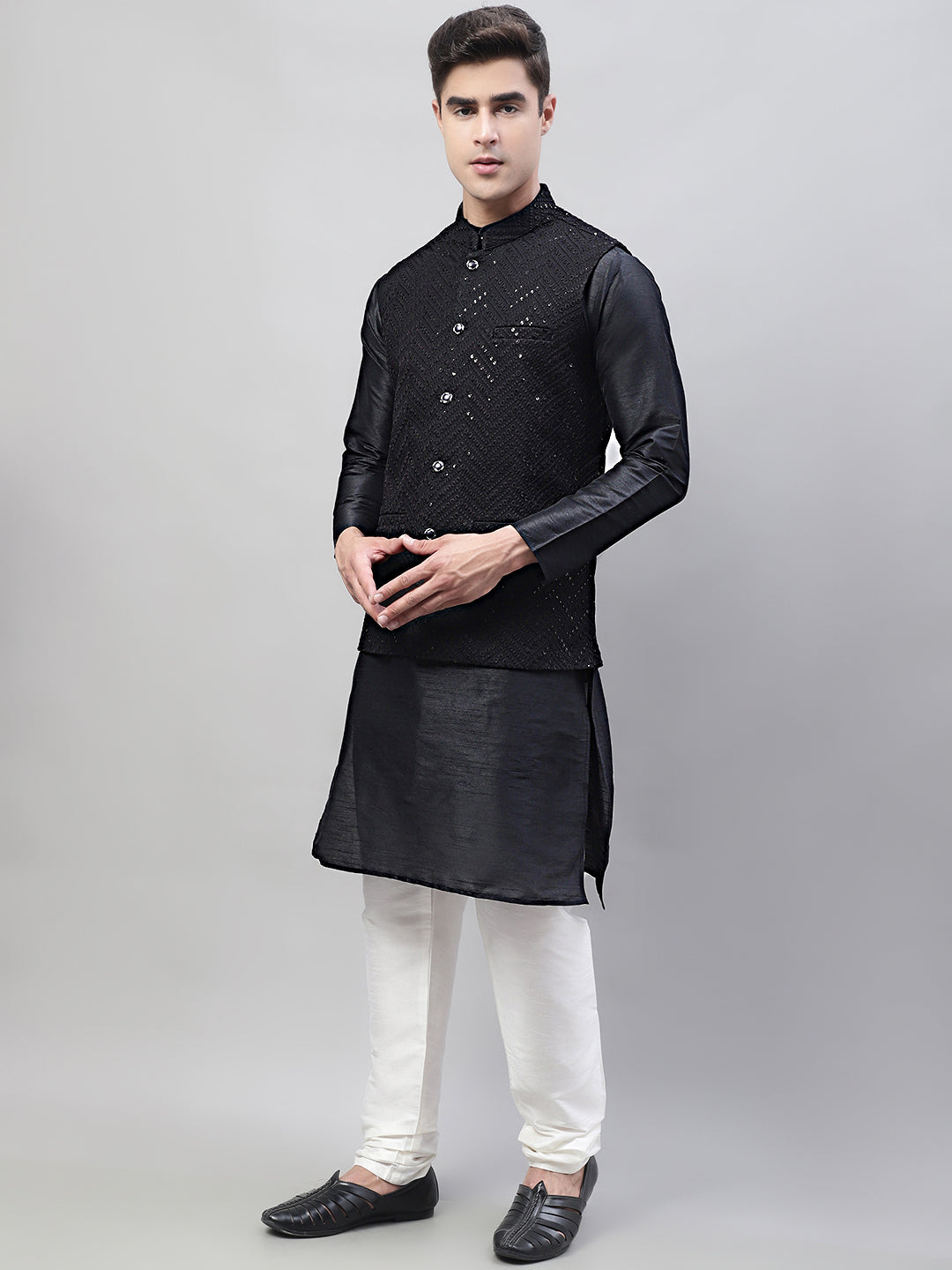 Men Black Solid Kurta Pyjama With  Black Embroidered Nehru Jacket