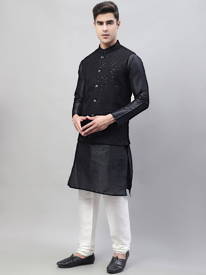 Men Black Solid Kurta Pyjama With  Black Embroidered Nehru Jacket