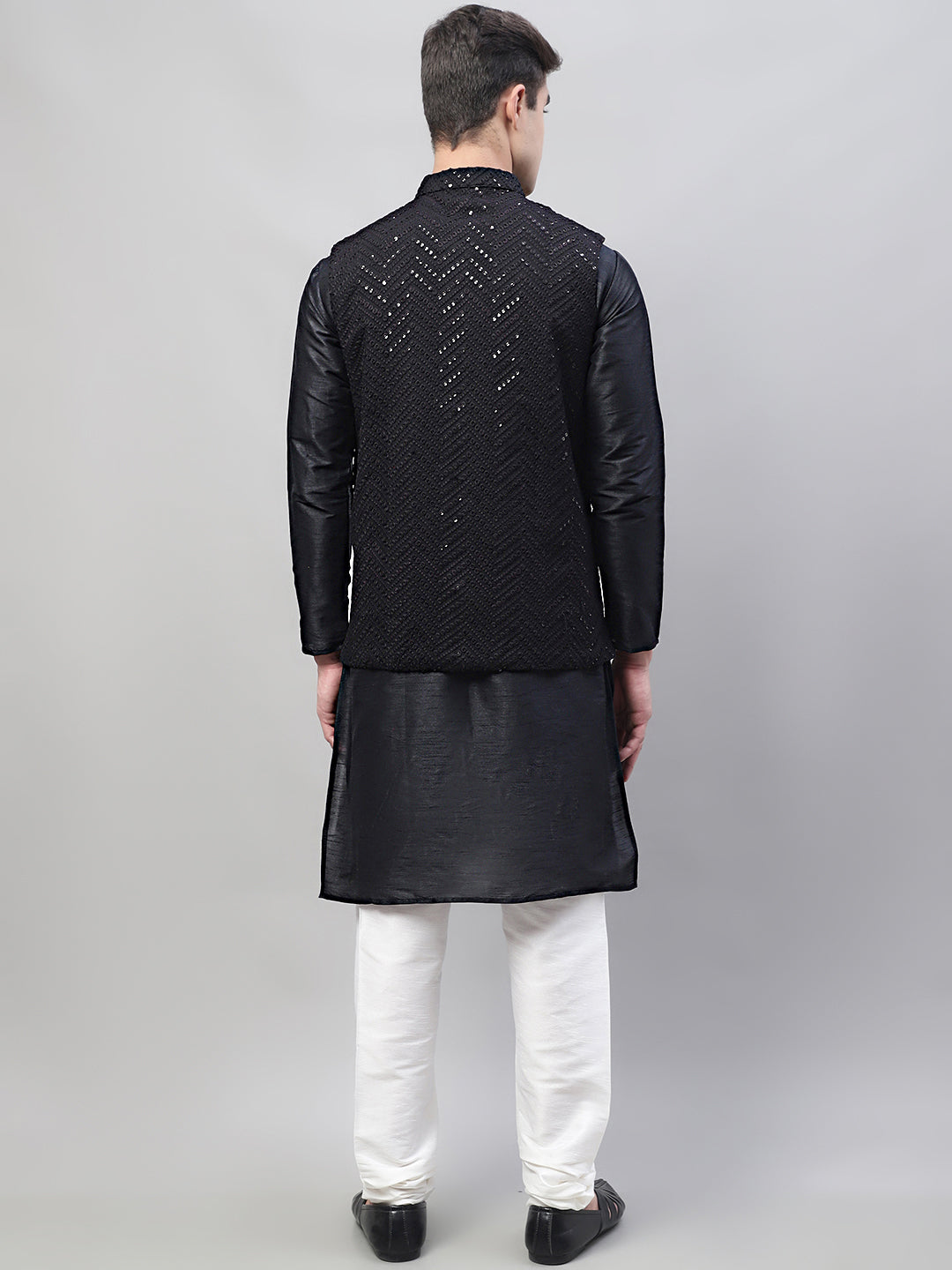 Men Black Solid Kurta Pyjama With  Black Embroidered Nehru Jacket