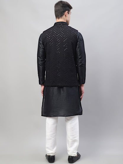 Men Black Solid Kurta Pyjama With  Black Embroidered Nehru Jacket