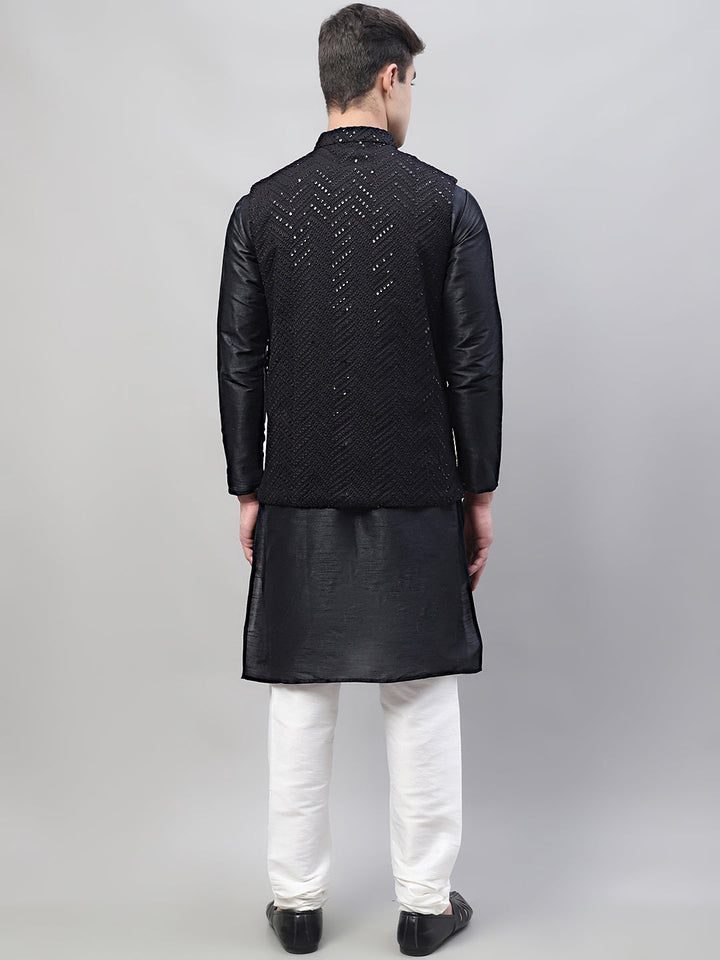 Men Black Solid Kurta Pyjama With  Black Embroidered Nehru Jacket