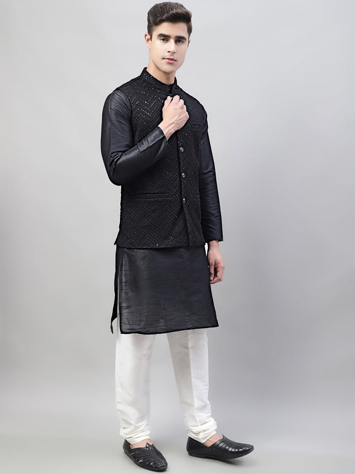 Men Black Solid Kurta Pyjama With  Black Embroidered Nehru Jacket