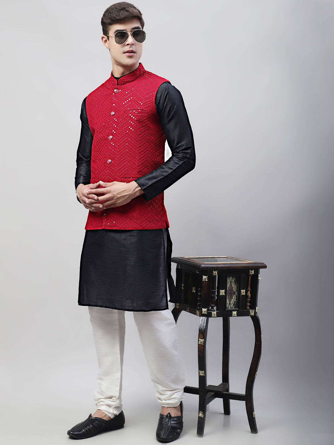 Men Black Solid Kurta Pyjama With  Maroon Embroidered Nehru Jacket