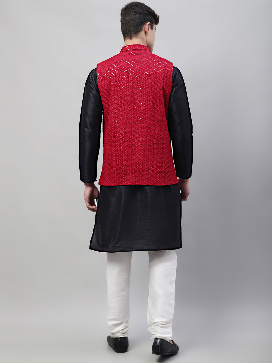 Men Black Solid Kurta Pyjama With  Maroon Embroidered Nehru Jacket