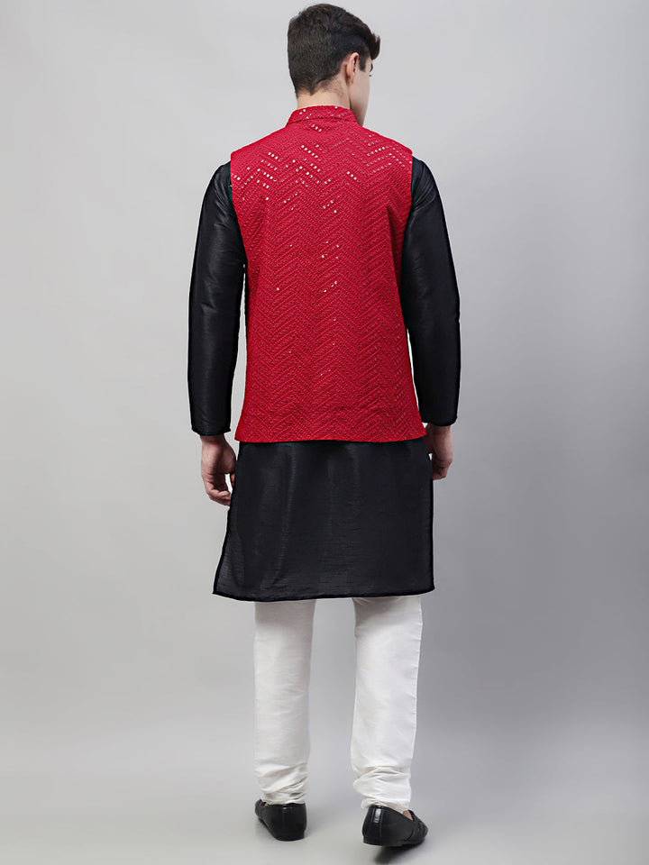 Men Black Solid Kurta Pyjama With  Maroon Embroidered Nehru Jacket