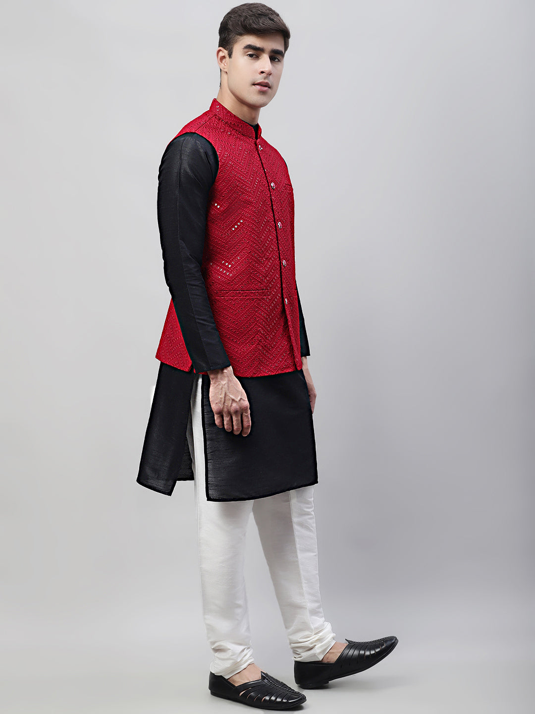 Men Black Solid Kurta Pyjama With  Maroon Embroidered Nehru Jacket