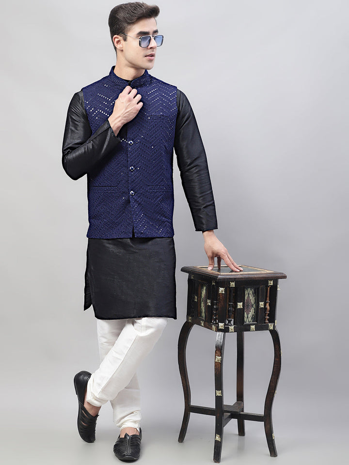Men Black Solid Kurta Pyjama With  Navy Blue Embroidered Nehru Jacket