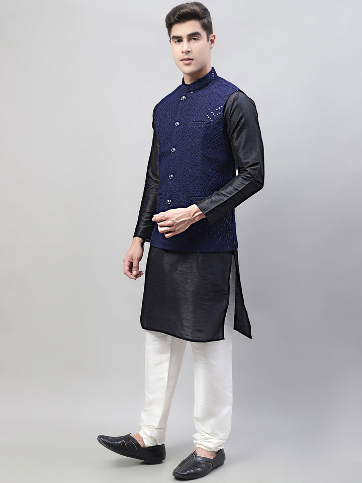 Men Black Solid Kurta Pyjama With  Navy Blue Embroidered Nehru Jacket