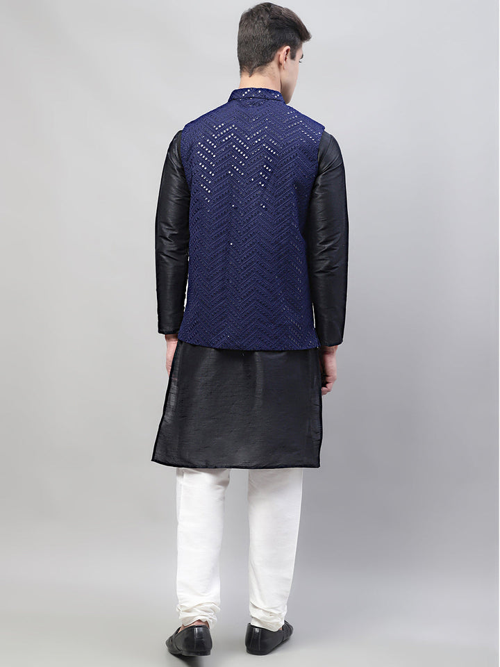 Men Black Solid Kurta Pyjama With  Navy Blue Embroidered Nehru Jacket