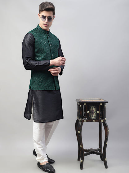 Men Black Solid Kurta Pyjama With  Olive Green Embroidered Nehru Jacket