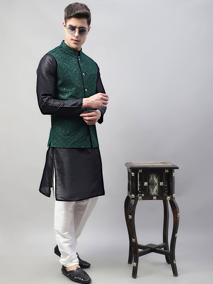 Men Black Solid Kurta Pyjama With  Olive Green Embroidered Nehru Jacket