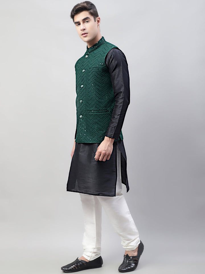 Men Black Solid Kurta Pyjama With  Olive Green Embroidered Nehru Jacket
