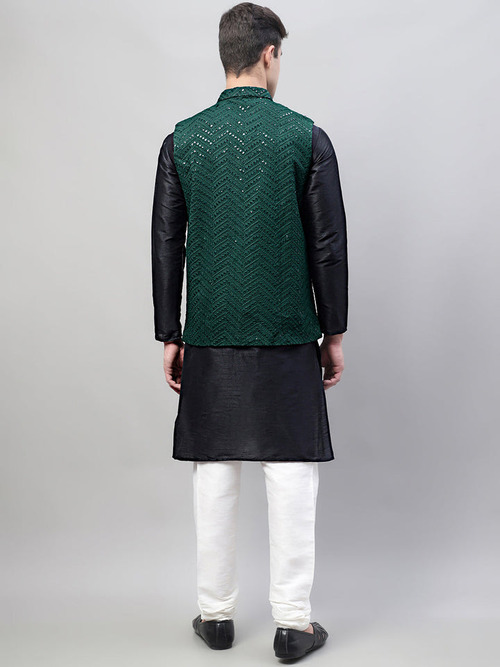Men Black Solid Kurta Pyjama With  Olive Green Embroidered Nehru Jacket